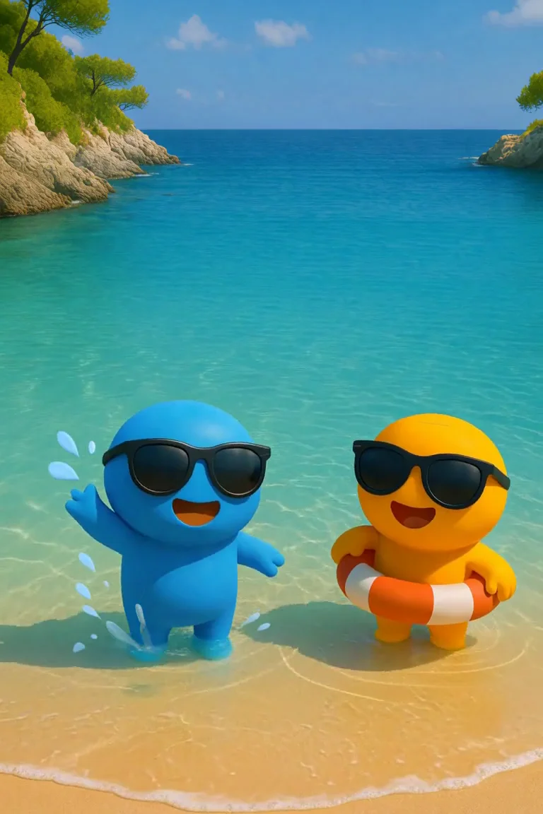 Les deux mascottes Duo2Fun complices au bord d’une mer turquoise
